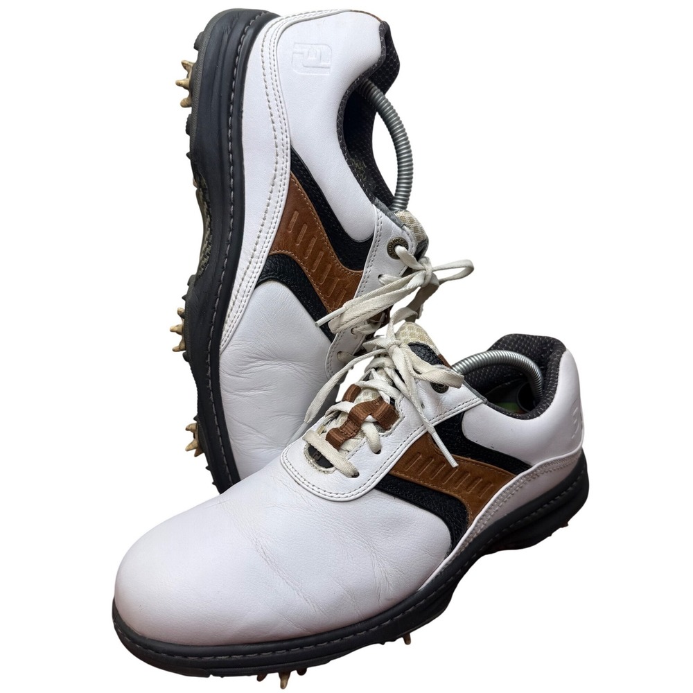 FootJoy Contour Series Mens Golf Shoes White Brown Leather Spiked‎ 54130 Sz 10.5